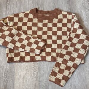 Checkerboard Cropped Knit Sweater - Brown & Cream